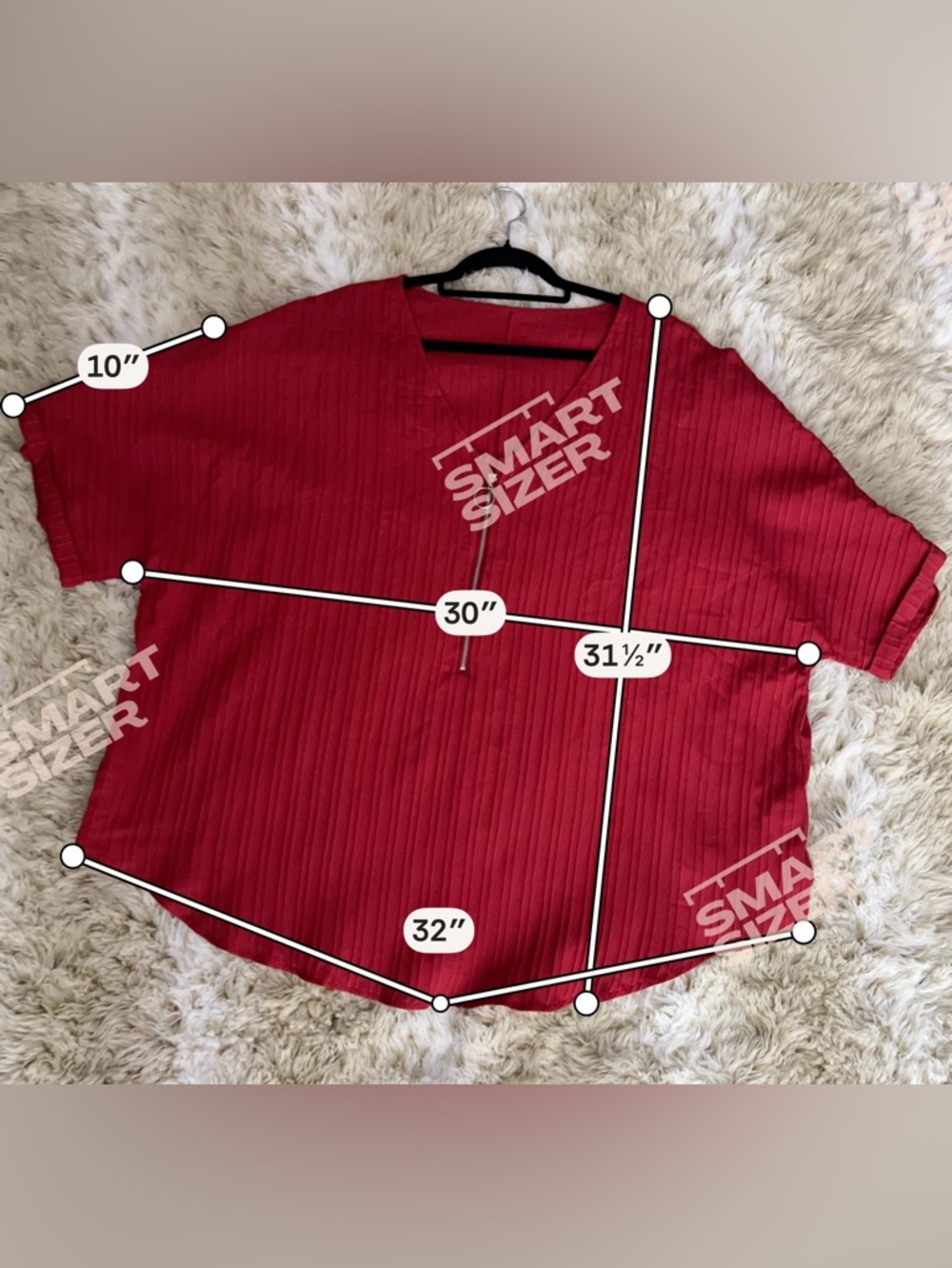Red Ribbed V-Neck Zip Women's Top - Picture 2 of 5
